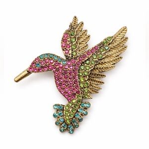 Colorful Hummingbird Rhinestone Brooch Pin Gold Tone Pink Green Blue